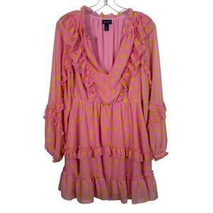 Scoop Pink Yellow Polka Dot Frilly Long Sleeve Tiered Dress NWT Statement Preppy
